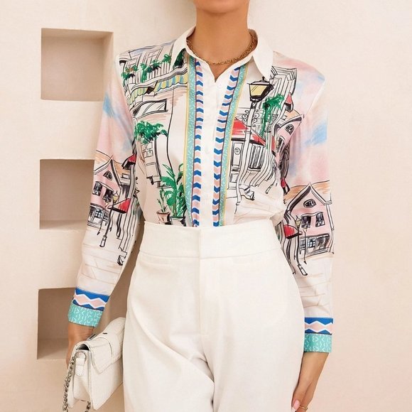 . Tops - White Boho Womens Street View Print Button Up Shirt